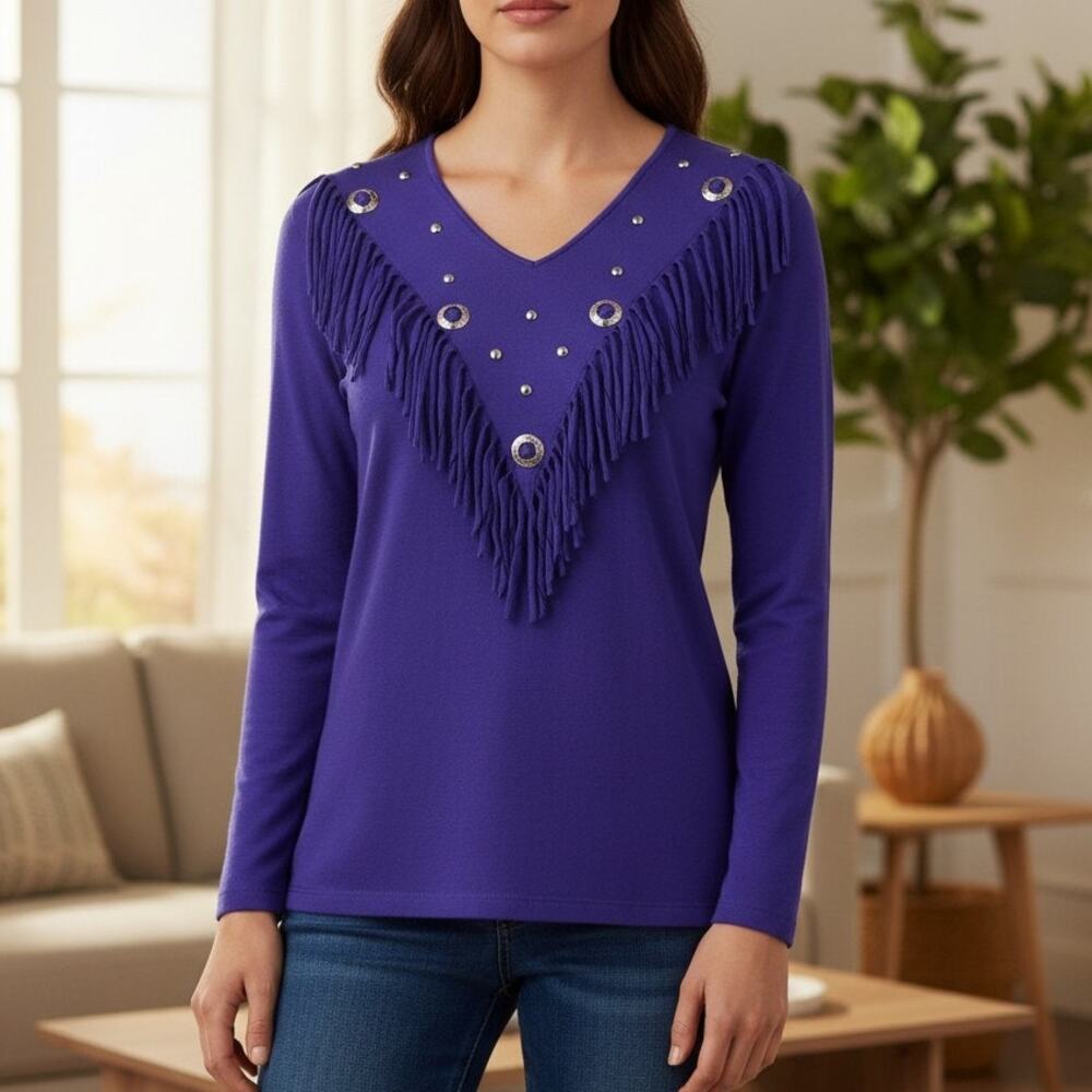 Vintage Western Fringe Concho Top Womens L Blue Southwest Cowgirl USA